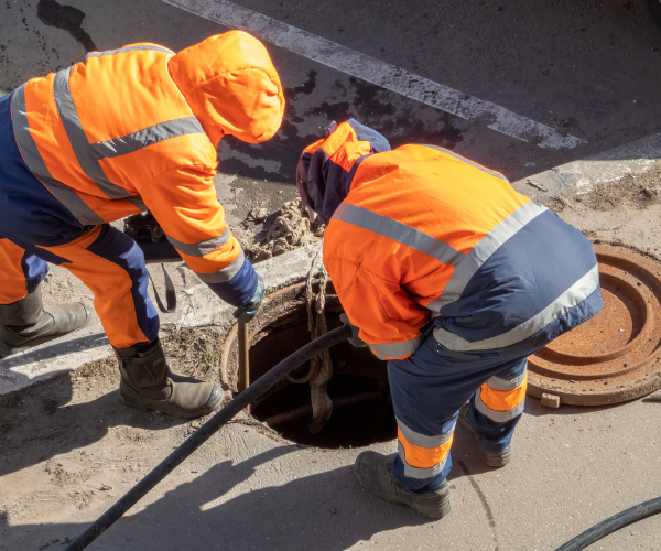 Techniker am offenen Kanalschacht auf der Straße